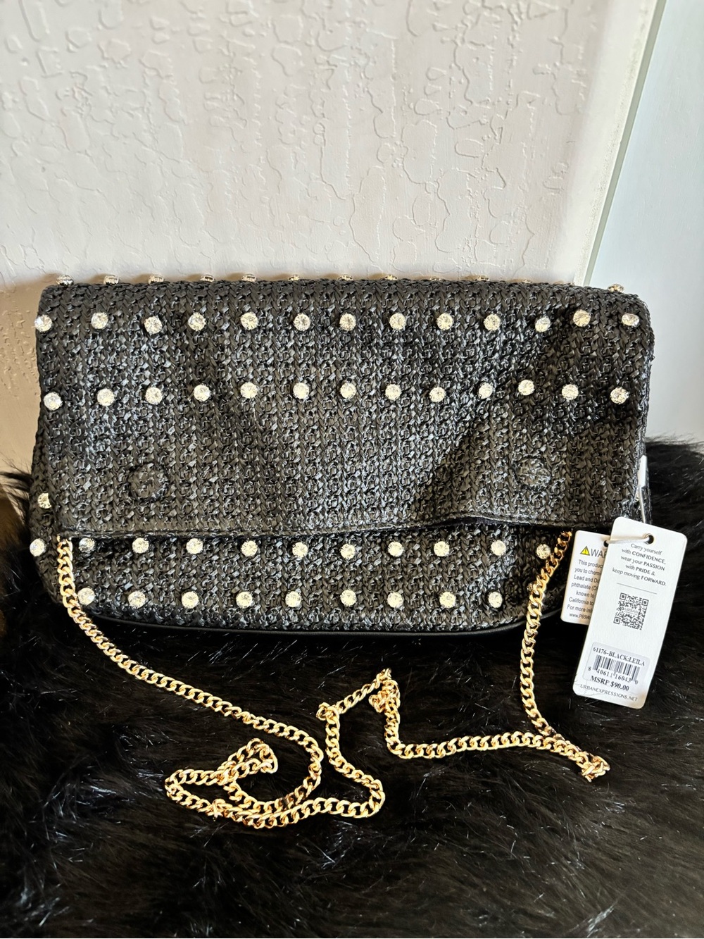 🍾NWT Urban Expressions Black Pearl-Stud Gold Chain Shoulder Bag, MSRP $90